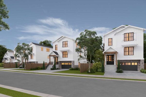 Modern white suburban homes with contemporary architecture in a neighborhood setting, built by Bertamini Development.